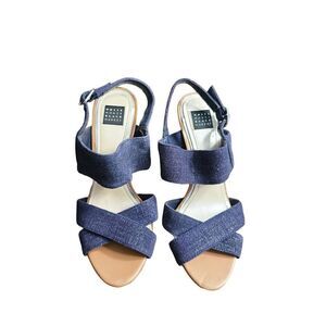 White House Black Market High-Heel Navy Blue Denim Wood Chunky Sandal Size 6 NEW